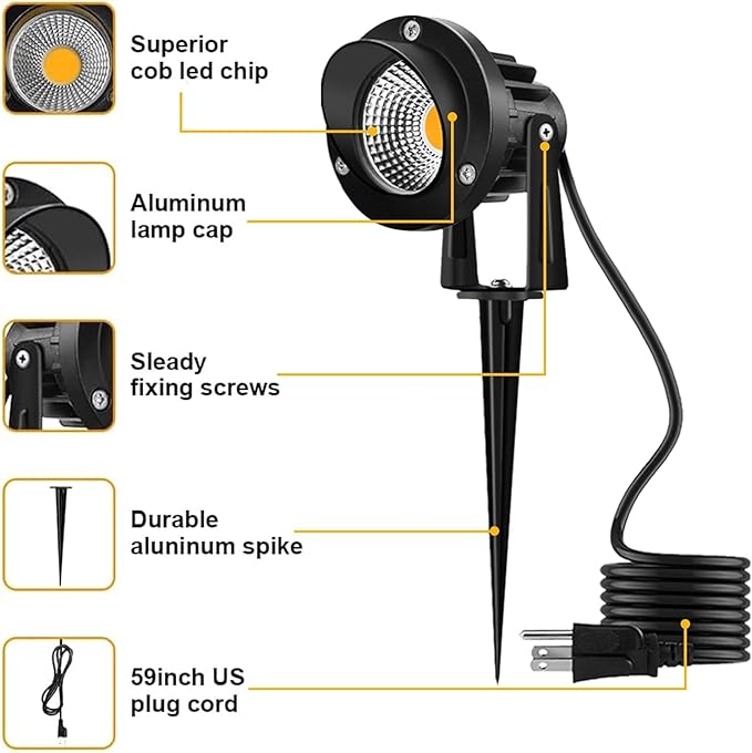 Romwish 120V LED Landscape Spotlights, 10W Outdoor Spotlights for Yard, 3000K...