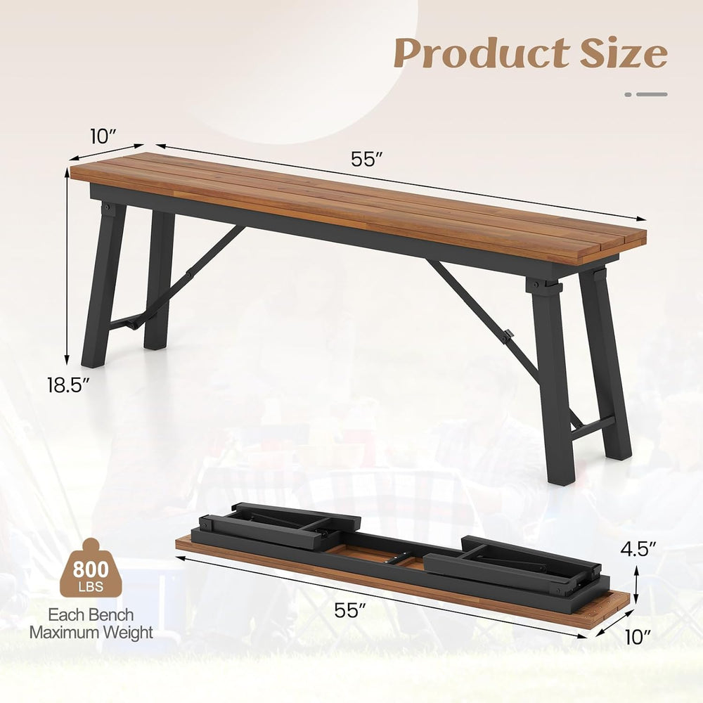 Tangkula Outdoor Folding Bench Set of 2, 55” 2-3 Person Acacia Wood Backless ...