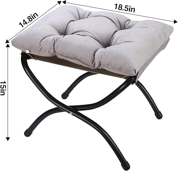 15" Foldable Foot Stool Ottoman with Metal Frame - Washable Light Grey U...