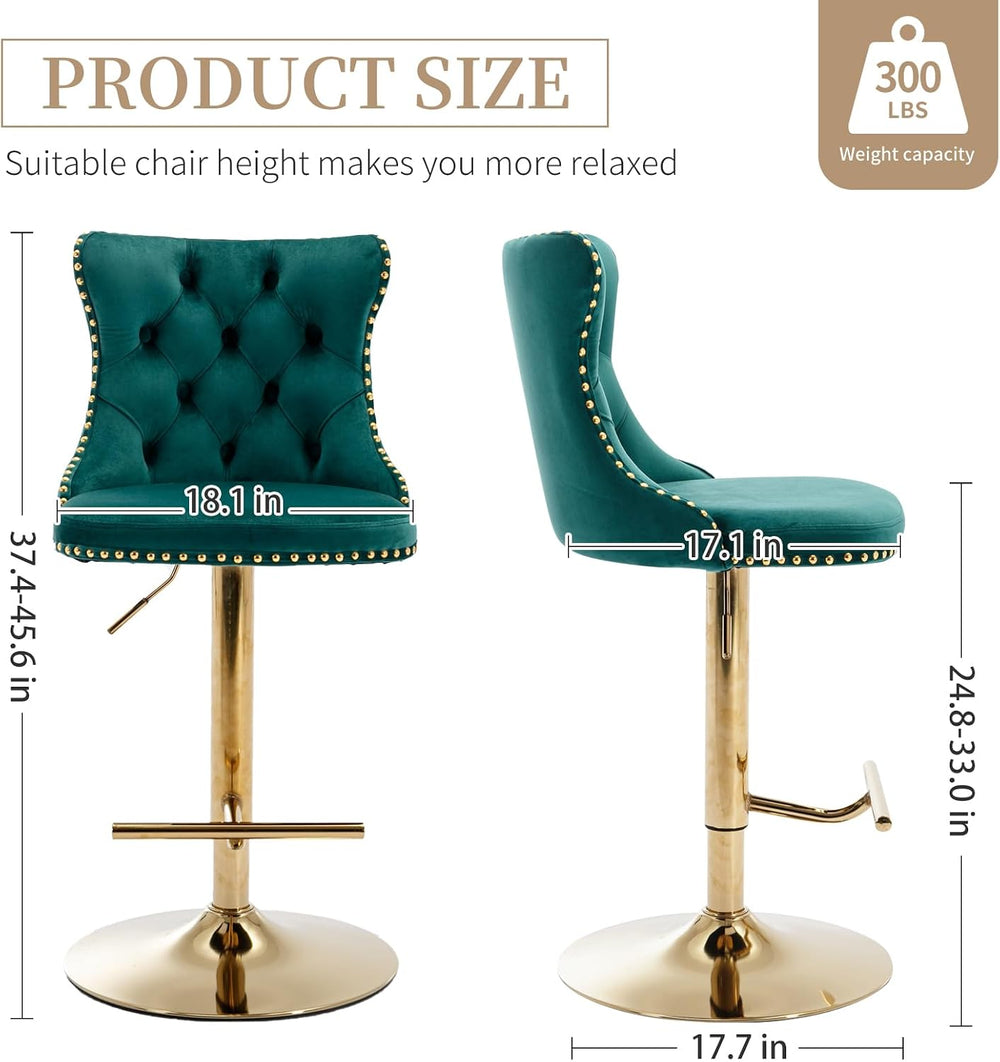 Green Velvet Bar Stools Set of 4, Upholstered Bar Chairs, Gold Bas