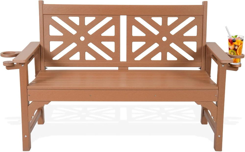 Outdoor Bench with Cup Holders, HDPE All Weather Waterproof 2-Person Garden B...