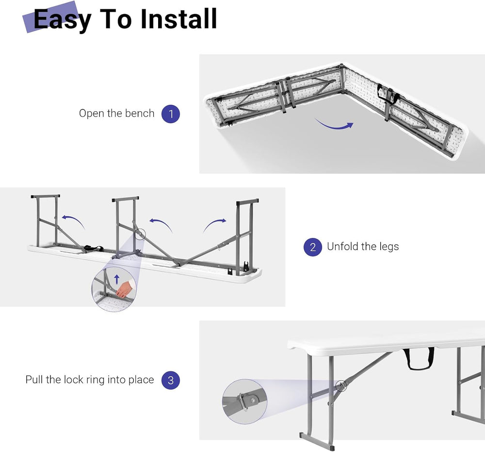 Byliable Folding Bench 6ft,Portable Plastic Bench Seat with Handle,White