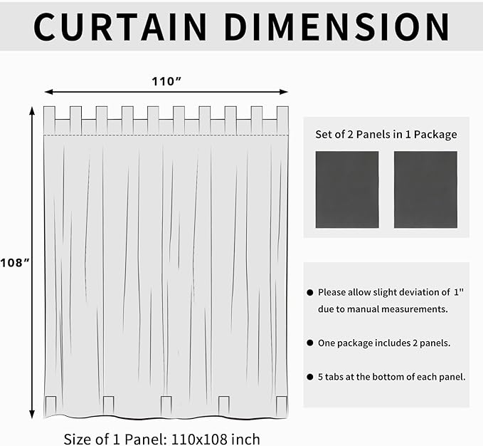 Easy-Going Outdoor Patio Curtains Detachable Tab Top Windproof Weatherproof C...