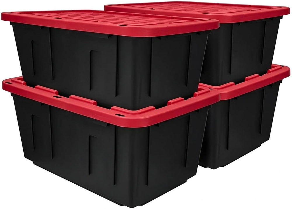 27 Gallon Heavy-Duty Plastic Storage Bin, Black and Red, Pack of 4