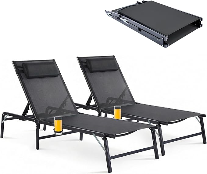 2 Pack Foldable Chaise Lounge Chair with Cup Holder, Assemble-Free Outdoor Lo...