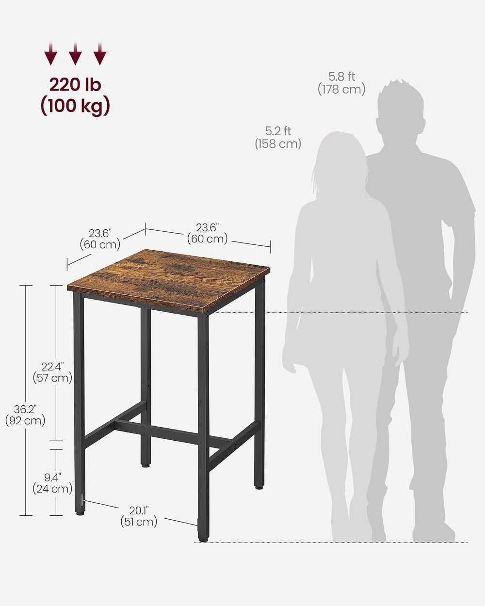 VASAGLE Bar Table, Kitchen Dining, High Top Pub, Square, Steel Frame