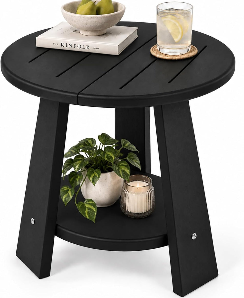 Round Outdoor Side Table, 2-Tier Small HDPE Side Table, Black