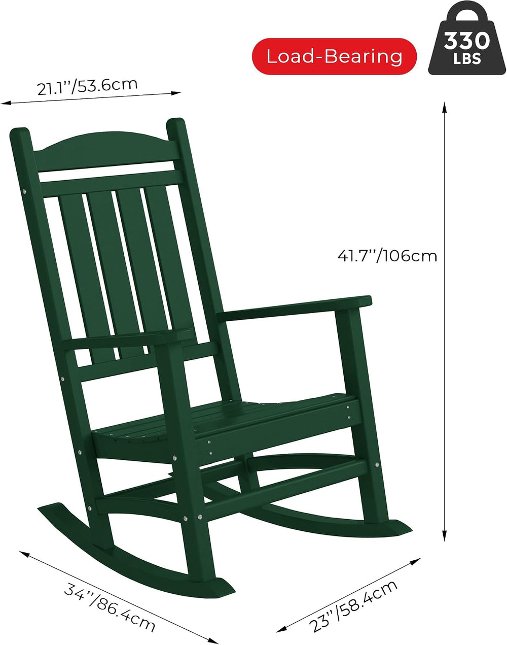Oversized Outdoor Rocking Chair, High Back Porch Rocker Chair, HDPE All Weath...