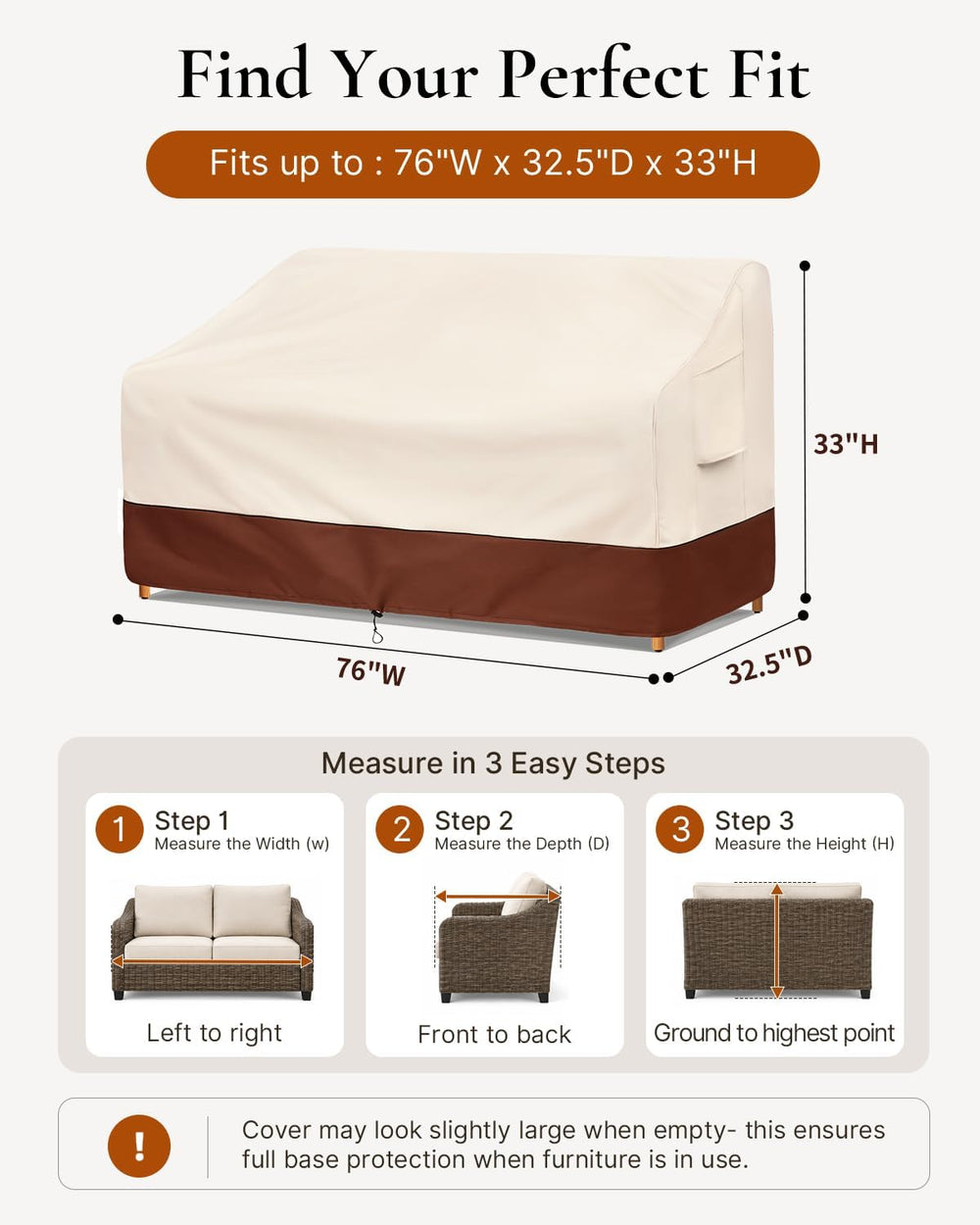 Outdoor Patio Furniture Sofa Cover 3-Seater,76”W x 32.5”D x 33”H
