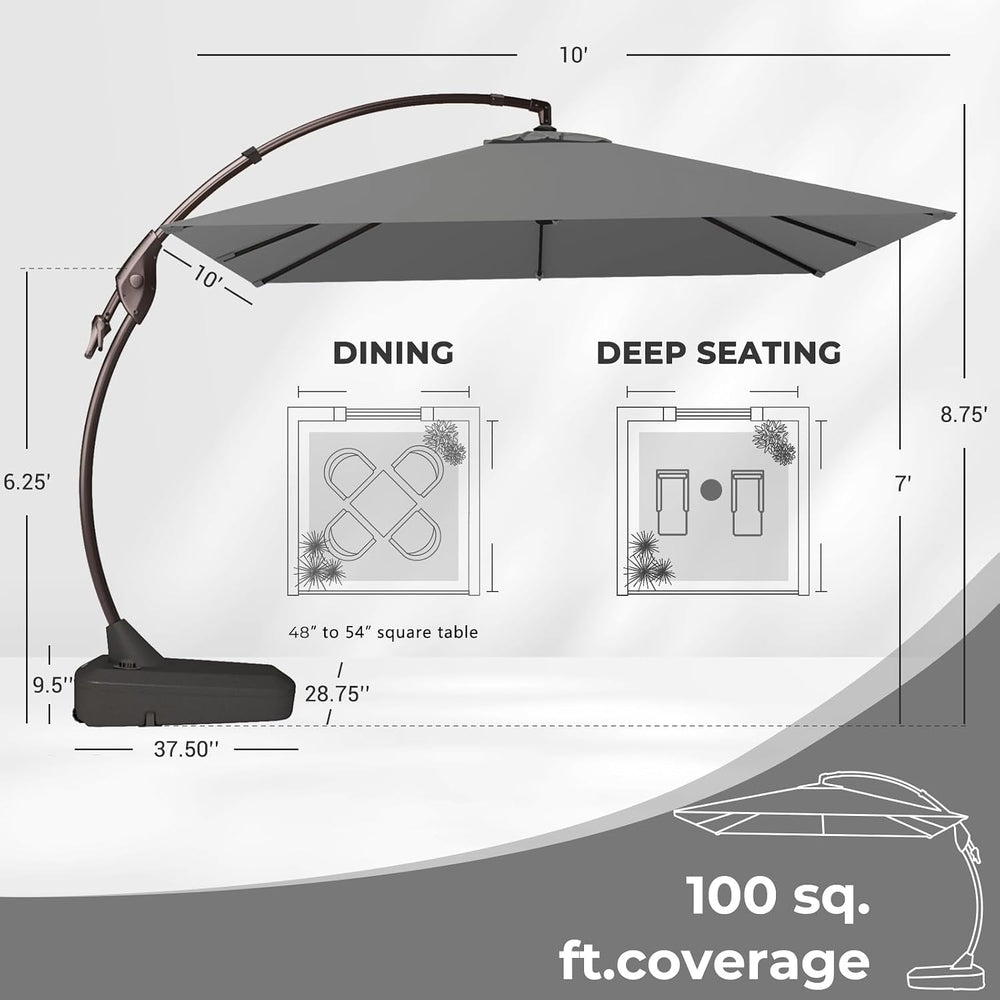 Grand patio 10x10 FT Large Cantilever Square Umbrella with Base, Gray