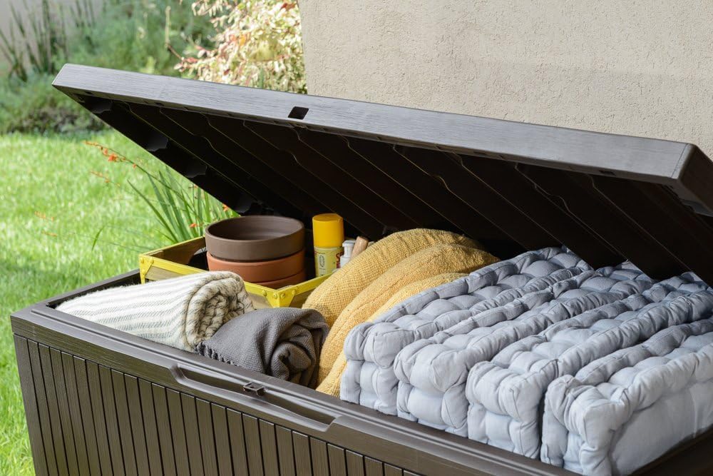 Keter Cushion Box, Rainproof, Balcony Springwood Cushion Storage Box, Brown, ...