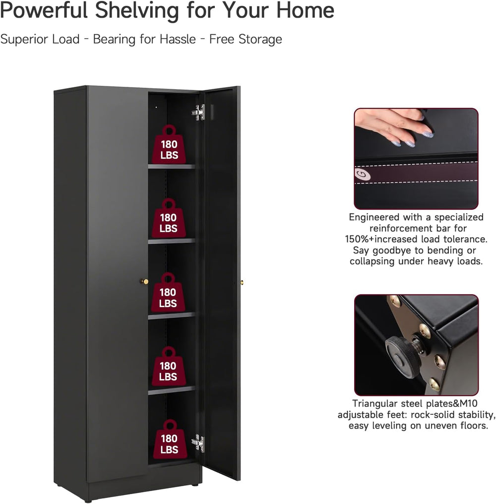 Metal Storage Cabinet with Doors, Black Bookshelf with Adjustable Shelves