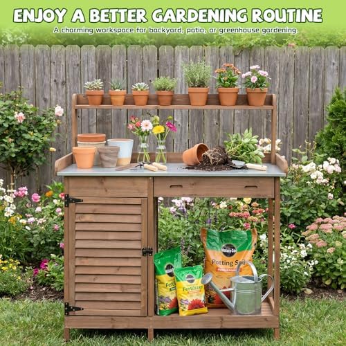 Ketive Outdoor Potting Bench with Storage, 41-Inch Metal Tabletop