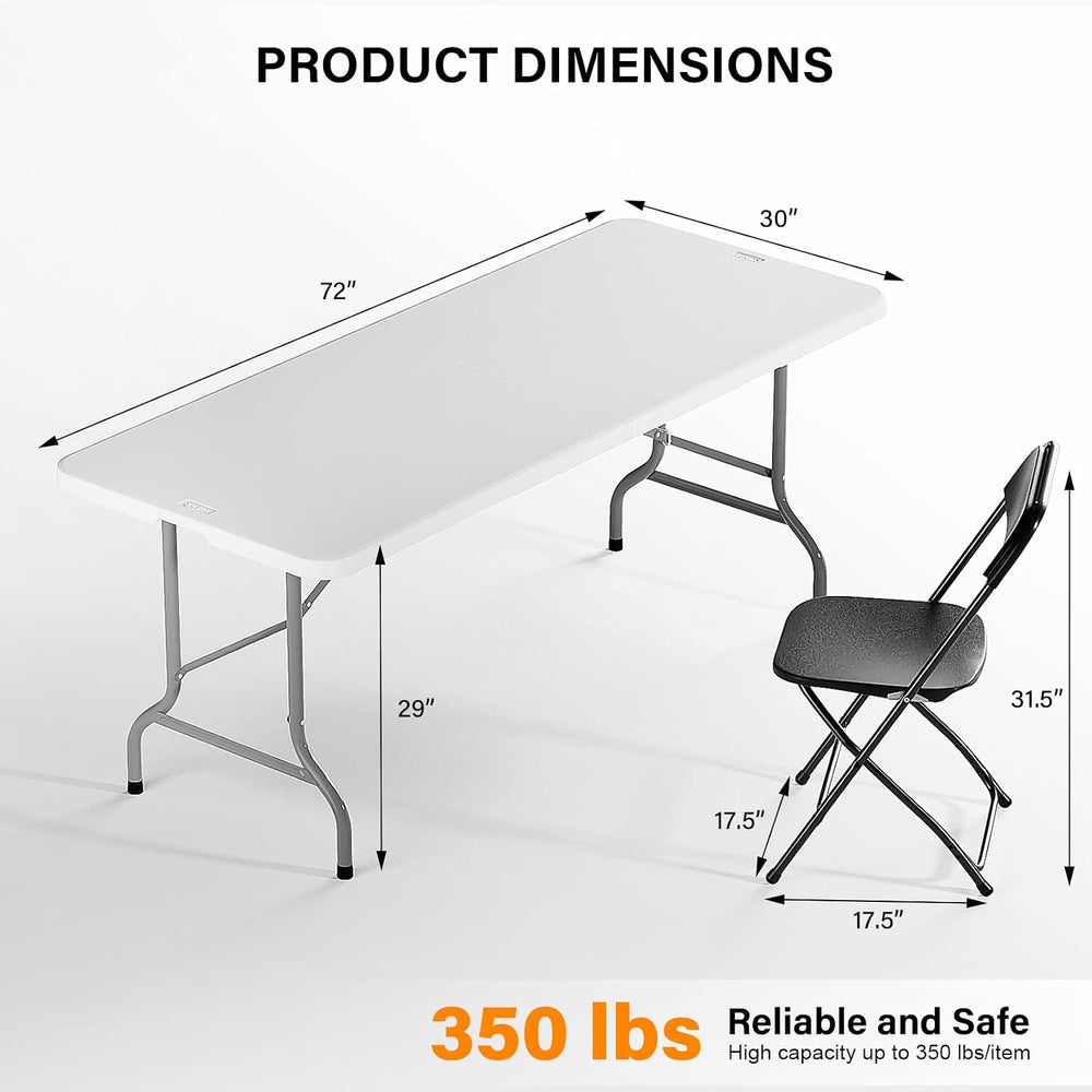 VINGLI 6 FT Plastic Folding Table Set with 6 Black Folding Chairs for Picnic,...