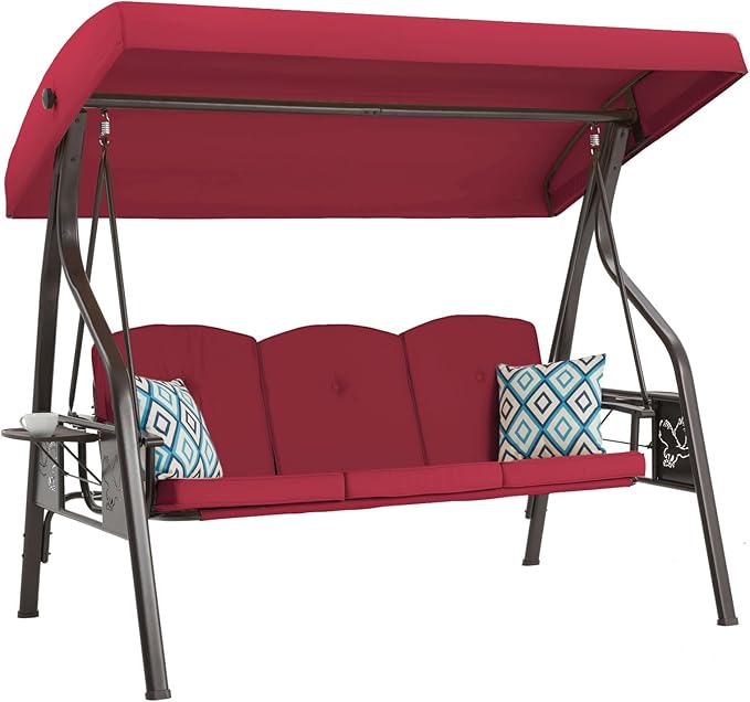 3-Seat Outdoor Porch Swing with Stand, Patio Swing with Canopy, 2 in 1 Porch Swing Bed & Patio Swing Chair for Adult w/Extra Pillows and Cup Holder for Yard (Wine Red)