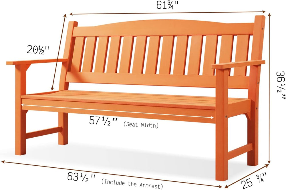 3-Person Poly Lumber Outdoor Bench Weatherproof, 800 Lbs, Orange