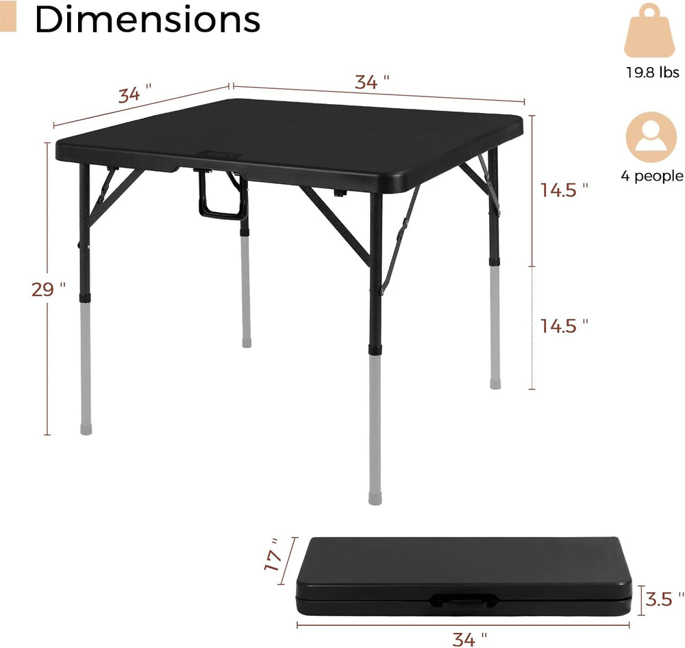 pollilar 34" Folding Card Table Square Portable with Detachable Legs Black