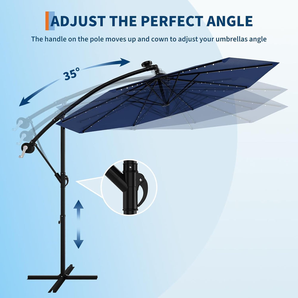 Garvee 10FT Solar Lights Offset Patio Umbrella with Cross Base, Navy Blue