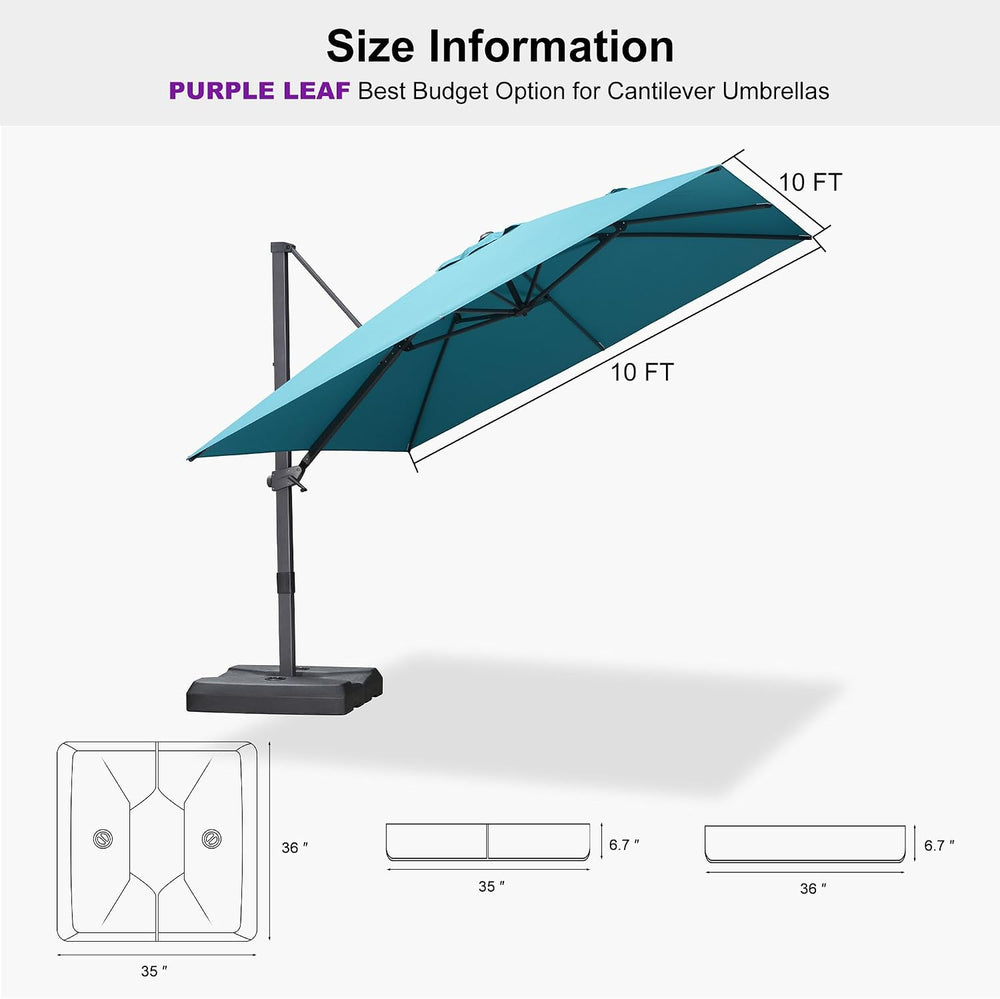 PURPLE LEAF Outdoor Cantilever Umbrella 10' x 10' with Base Turquoise...