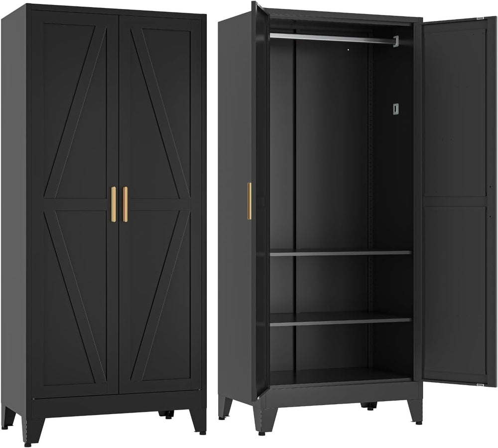 COFaR Metal Wardrobe Closet with Doors, Black Farmhouse Bedroom Armoires with...