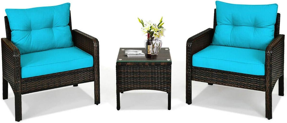 HAPPYGRILL 3 Pieces Patio Furniture Set, Outdoor Rattan Wicker Conversation S...
