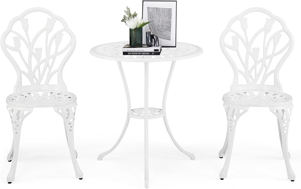 Outvita 3 Piece Cast Aluminum Bistro Set, Tulip Pattern White
