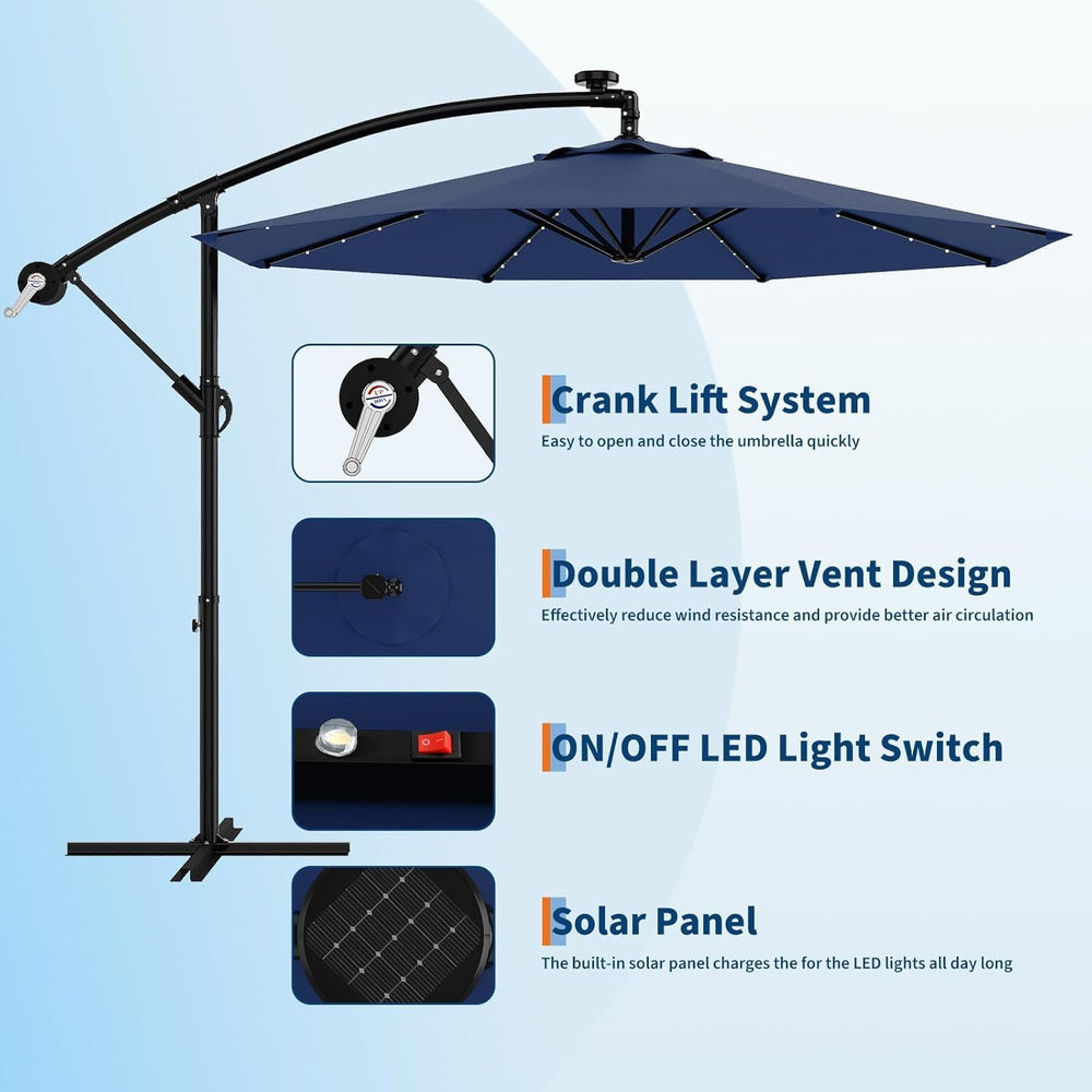 Garvee 10FT Solar Lights Offset Patio Umbrella with Cross Base, Navy Blue