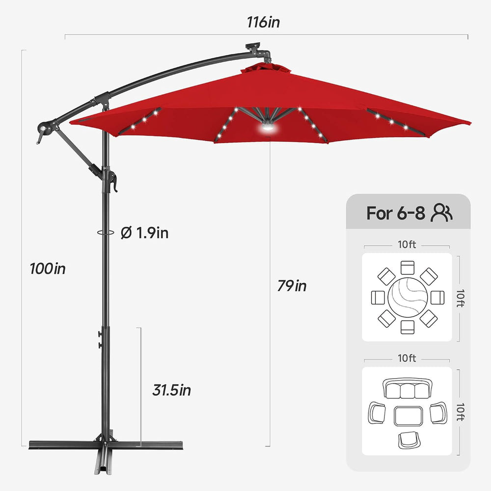 FLAME&SHADE Cantilever Umbrella Solar with Centre Light, 10 FT, Red