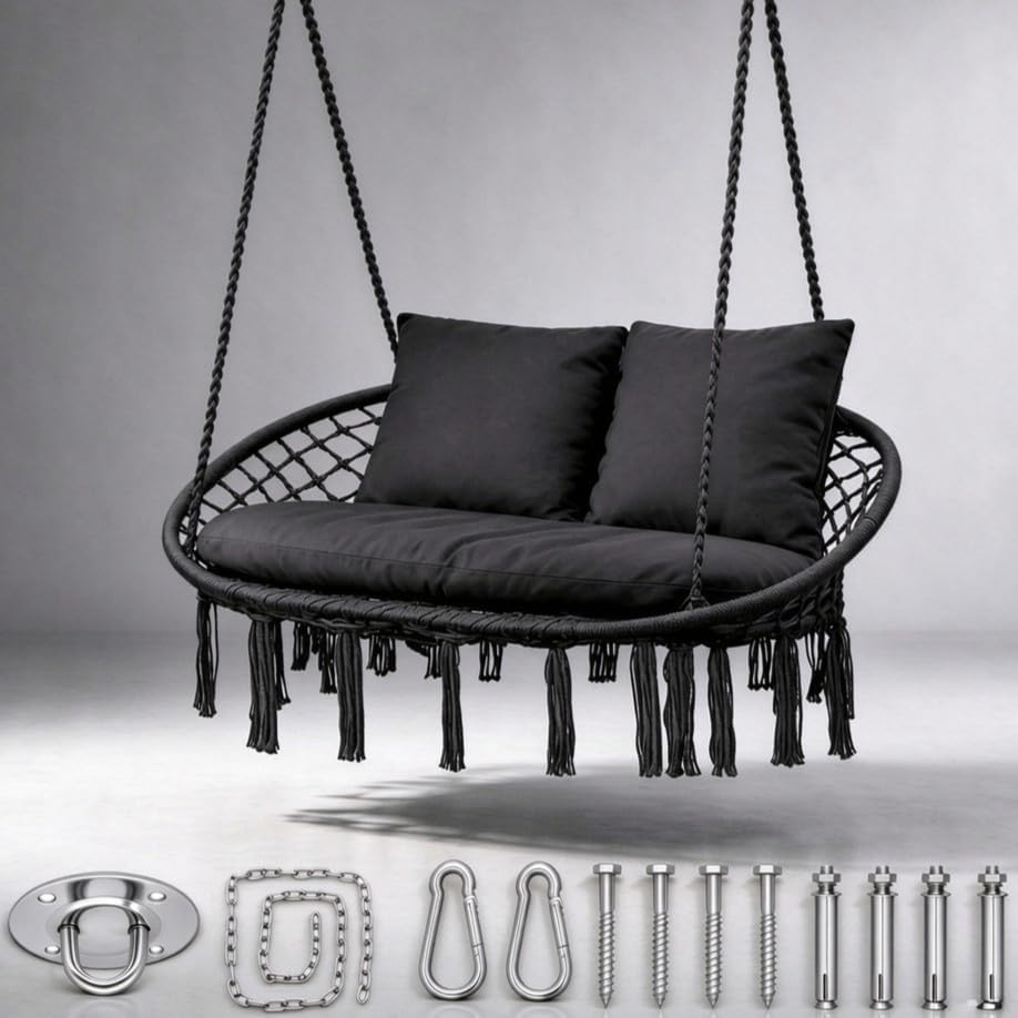 MoNiBloom Outdoor 2 Seat Hammock Chair with 3 Cushion, Black