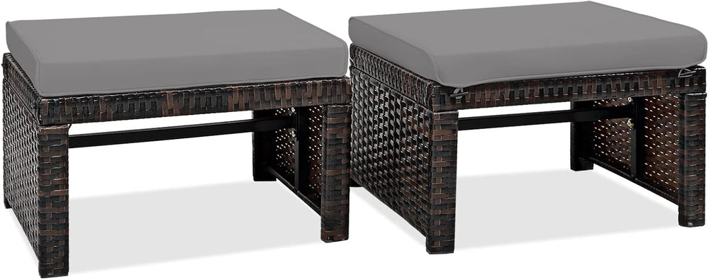 RELAX4LIFE 2-Piece Wicker Outdoor Ottoman, Rattan Footrest Set of 2 with Remo...