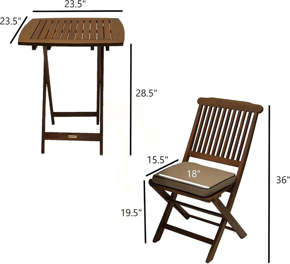 Eucalyptus Wood 3-Piece Square Foldable Bistro Outdoor Furniture Patio Set, T...