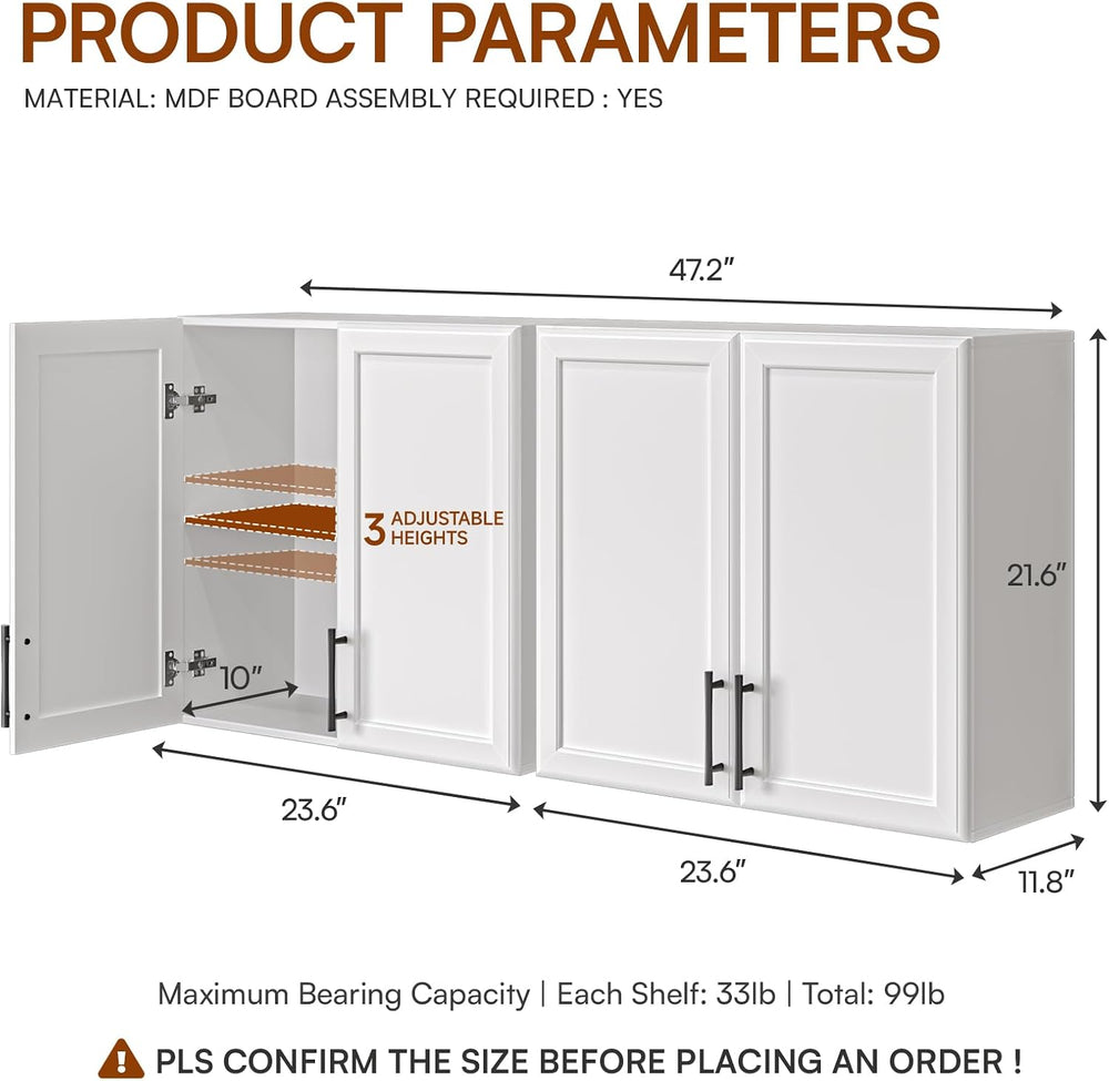 47.2" W Laundry Room Cabinets Wall Mounted, Adjustable Shelf, Floating W...
