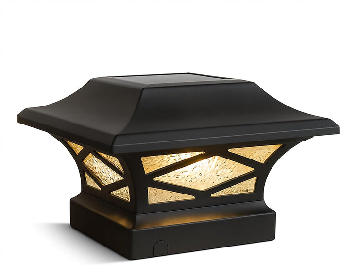 Classy Caps Kingsbridge Dual Lighted Solar Post Cap - Fits 3.5"x3.5", 4"x4", 5"x5", and 5.5"x5.5" Deck & Fence Posts - Black Aluminum, Real Glass - Warm/Cool Light Modes - SLK807B