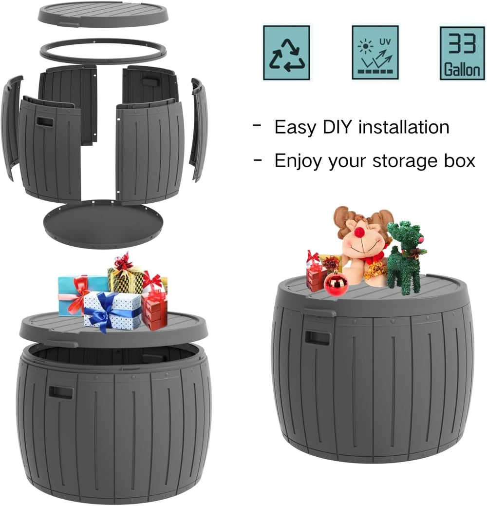 ZZM 33 Gallon Round Deck Box, Patio Side Table for Cushion, Picnic Bucket, Sm...