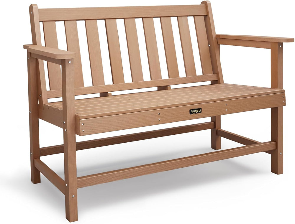 VINGLI 49in HDPE Outdoor Bench with Backrest and Armrests, 2-Person Weatherpr...