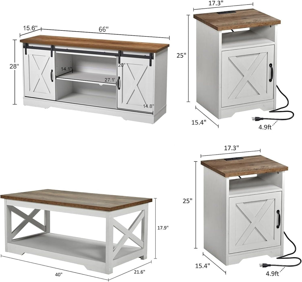 AMERLIFE 4 Piece Farmhouse Table Set with 66" TV Stand, Distressed White