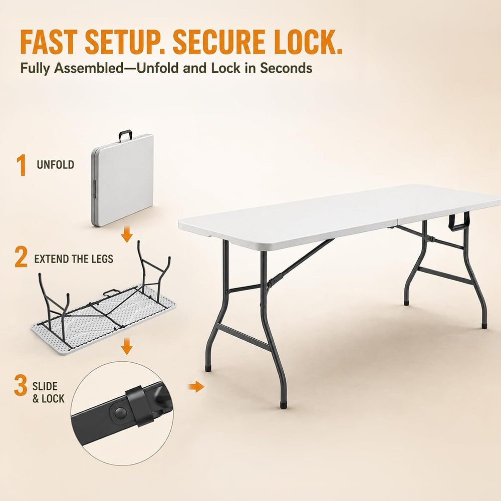 Folding Table, 6FT Portable Fold-in-Half Plastic Picnic Table, Heavy Duty Fol...