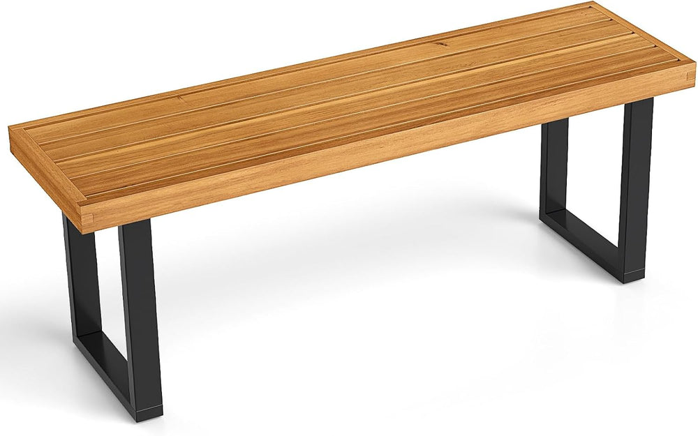 HAPPYGRILL Acacia Wood Bench for 2 People, Outdoor Dining Bench with Metal Le...