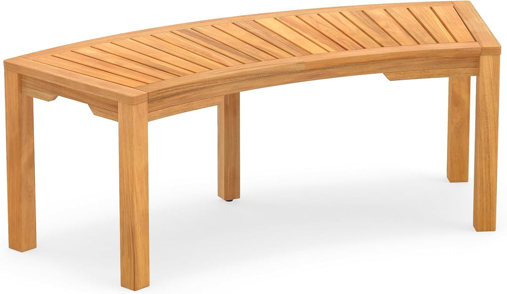 HAPPYGRILL Outdoor Curved Bench, Acacia Wood Backless Fire Pit Bench with Sla...