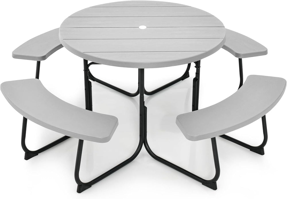 Tangkula 8 Person Round Picnic Table with 4 Built-in Benches, Grey