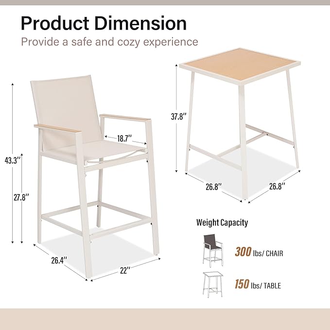 LAUSAINT HOME 3-Piece Patio Bar Set, All Weather Textilene Bar Height Table a...