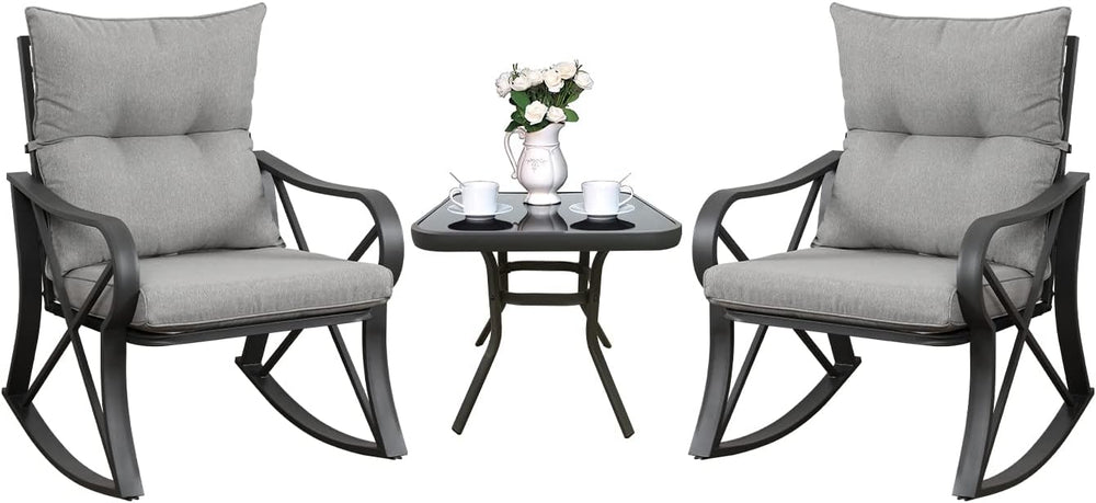 COSIEST 3 Piece Bistro Set Patio Rocking Chairs Outdoor Furniture w Warm Gray...