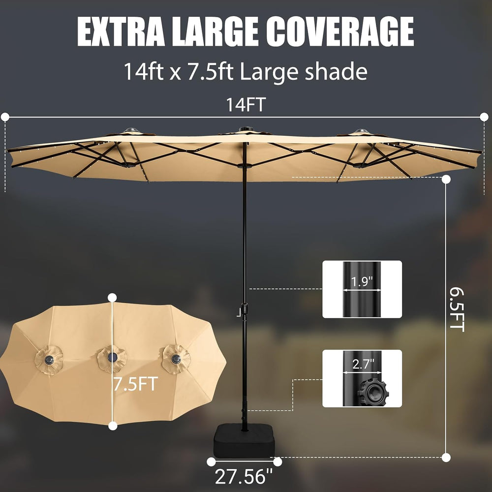 LEVELEVE 15FT Large Patio Patio Umbrella with Base & Solar LED Lights - D...