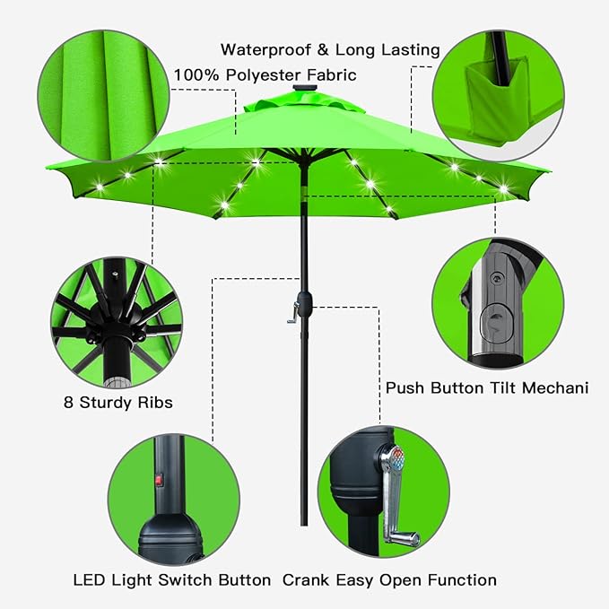 Sunnyglade 9' Solar LED Lighted Patio Umbrella with 8 Ribs/Tilt Adjustmen...