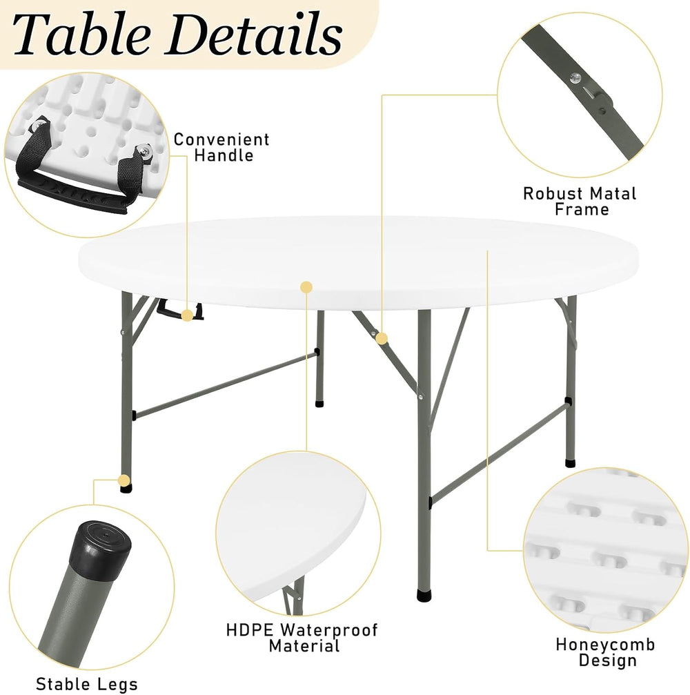 HAISIWLKJ 5FT Round Folding Table White Fold-in-Half with Carrying Handle Por...