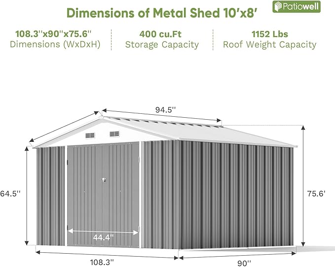 Patiowell 10 x 8 FT Outdoor Storage Shed, Large Garden Tool Metal Shed with S...