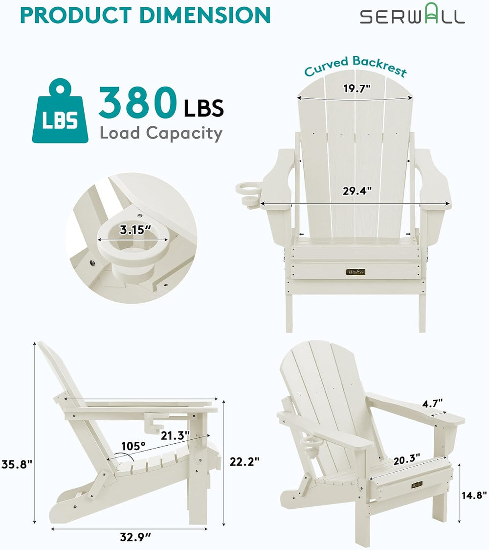 SERWALL Folding Adirondack Chair Set of 4 with Cup Holder for Outdoor-White