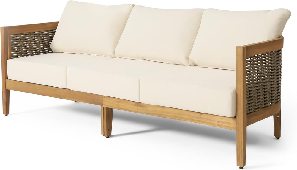 Merax 76.5" Outdoor Acacia Wood Wicker 3 Seater Sofa, Patio Furniture Co...