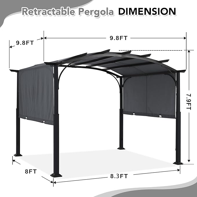 MASTERCANOPY 10x10ft Outdoor Retractable Pergola with Sun Shade Canopy Patio ...