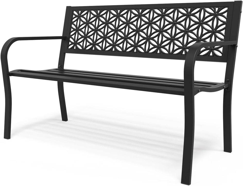 VINGLI 50" Outdoor Bench Metal with Floral Back, Garden Bench Front Porc...